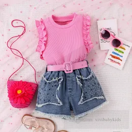 Summer Children Clothing Sets Girls Ruffle Tops sem mangas Rhinestones Tassel Stars Denim Shorts 2pcs moda infantil roupa casual Z7926