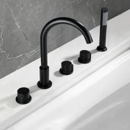Lüks pirinç siyah güverte monte 5 delikli banyo küveti dönen musluk mikseri küvet su sprey ile musluk