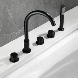 Ottone di lusso Black Black Black Montaggio a 5 buche vasca da bagno rotante Mixer rotante miscelatore Bacino da bagno Bacino Acqua con spray