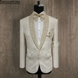 White Jacquard Weave Men Suit Groom Wedding Tuxedos 2 pezzi Set di blazer da ballo Terno Masculino Completo