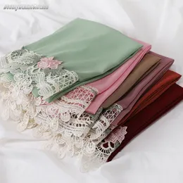 Lyxkvinnor Spets Floral Chiffon Scarf Muslim Hijab Pannband Wrap Shawls Turban Malaysia Hair Accessories 70*175cm 240410