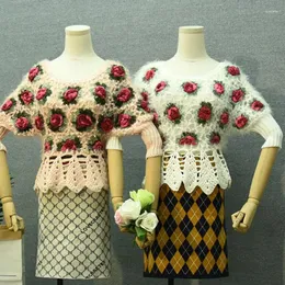 Kadın Sweaters Kısa Kollu 3d Gül Çiçek Tiftik Kadınlar Tığ işi Lady Sweater