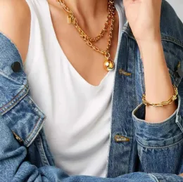 Fashion T-letter HardWear Small Wrap double strand Necklace Yellow Gold lock and ball pendant necklaces shiny bracelet earring Sweater chain Designer Jewelry