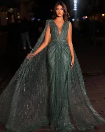 Sparkly Mermaid Evening Dresses Sleeveless V Neck Capes Sequins Beaded Appliques 3D Lace Zipper Elegant Prom Dresses Custom Made