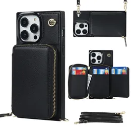 Caixa da carteira de crossbody, caixa de telefone do suporte para mulheres, bolsa de couro com zíper com alça de ombro, tampa de bloqueio de RFID para iPhone 15 Pro Max 14 13 12 11 XS max xr 8 7