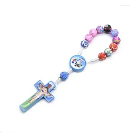 Strand QIGO Colorful Polymer Clay Wood Cross Children Rosary Bracelet Religious Prayer Jewelry