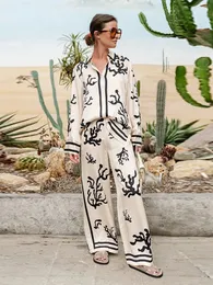 Calças de mancha feminina elegante estampa definida na primavera verão solta lapela de manga longa 2 peças conjuntos femininos casuais macio e macio traje 240425