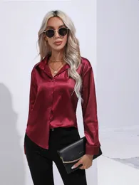 Elegant Womens Satin Imitation Silk Long Sleeve Shirt AutumnWinter Solid Office Lady Lapel Button Blouse Women Clothing S-XXL 240426