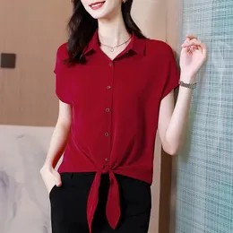 Women's Blouses 2024 Summer Solid Color Polo-Neck Button Tie Up With Fashion Simplicity Loose Casual Versatile Short Silk Shirt Top