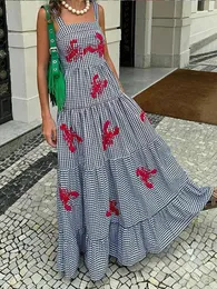 Винтажная вышивка рукавок Maxi платье Женское летнее печать в клетчат