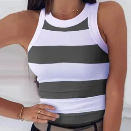 여성용 블라우스 여성 여름 조끼 O-Neck Sleeveless Slim Fit Striped Print Tank Tops High Elastic Sexy Digital