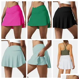 Yoga Outfit Lu-738 Women High Waist Sports Tennis Skirt Wearing Elastic Fitness Anti-Naked Drop Delivery Outdoors Supplies Dhfmd