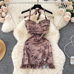 Vestidos casuais mulheres vestem impressão sem alças sem nas costas Falda Falda Sexy Mujer Flouned Edge sem mangas Vestidos Fashion Drop