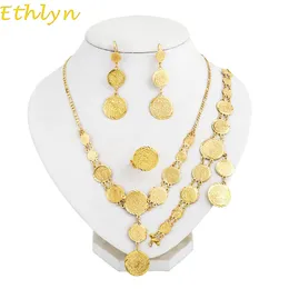 Ethlyn Muslims Coin Coin Coin Set Orenings Oro Color Coin Braceletringsnecklace Women Wedding Jewelry Set S041 240410