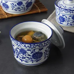 Bowls Blue And White Porcelain With Lid Soup Steamed Egg Stew Home Ceramic Dessert Small Kitchen Tool