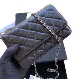 2024 Nuovo designer di stile Borse WoC Borse Borsa Stume a tracolla genuina in pelle Donne Clutch Classic Portafoglio su borse per cartoncino a trama a trama a catena Black Black