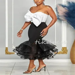 Black With White African Evening Dresses 2024 Cropped Skirt Night Club Mermaid Short Prom Dress For Black Girls Maxi Dress Aso Ebi Tiered Ruffles Vestios De Galas Chic