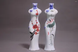 Vasen 2PCs sammeln seltene China handgemalbte Blume Cheongsam Porzellan Vase