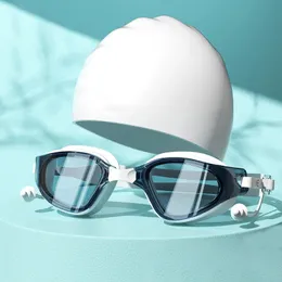 Simning Goggles Cap Vuxen HD Anti-dimma Simgglasögon Set vattentät silikon Simglas med öronproppar Anti-UV Swim Eyewear 240426