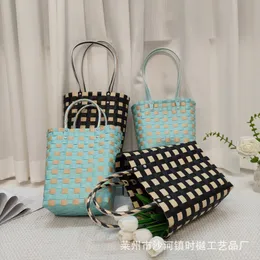 New Style Small Fresh Colorful Plaid Long Handle Plastic Vegetable Basket Souvenir Vertical Plastic Woven Bag Woven Basket