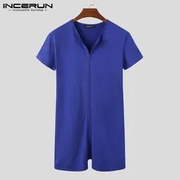 Men Pajamas Rompers Solid V Neck Zipper Fitness Short Sleeve Cozy Homewear Playsuits Leisure Jumpsuit Sleepwear INCERUN 7 240428