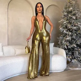 Buildingb Deep v Collar Hollow Out Sparkling Sexy Soly Color Gold Fared Jumpuit Mann Honter Backless Street Wear Jumpuit 240426