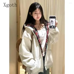 Women's Hoodies Xgoth Patchwork Hooded Preppy Korean Fashion Sweet Sweatshirts Vintage Sport Simple Cardigans Female Trendy Tops