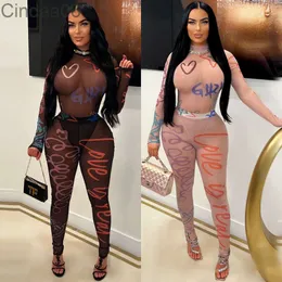 2024 New Jumpsuit Playsuit Sexy Mesh Tights Bodysuit Fashion Printed Long Sleeve Tops Long Pants Onepiece Jumpsuits For Women