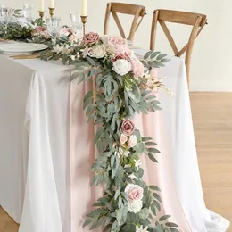 Dekorativa blommor 6ft/1.8m konstgjorda bröllop Eukalyptus Garland med rosblommor Rustik Floralbord Centerpieces Boho Arch Decor