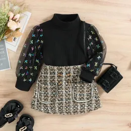 Clothing Sets Baby Girl Autumn/Winter High Collar Checkered Stripe Mesh Rolled Bow Top Small Fragrant Short Skirt Set