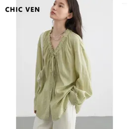 Blouses feminina Chic Women Camisa solta colar de renda elástica de decote em V Logo