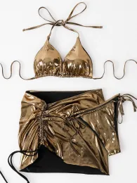 Set Lady's 2023 Summer Hot 3 Pcs Suit in pelle oro lucido da bagno lucido set di bikini brasiliani con mini abiti da spiaggia sexy gonna sexy