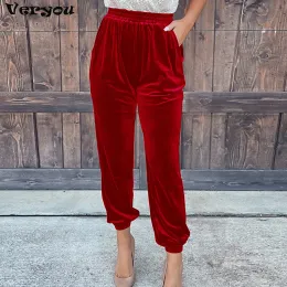 Capris fashionabla eleganta röda sammetbyxor för kvinnor Autumn Winter Elastic High midje Casual Shorts Women Fashion Solid Loose Trousers