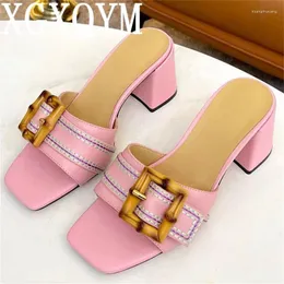 Slippers 2024 High Heel Women Square Toe One Belt chunky Runway Designer Female Outwear Fashion Dress