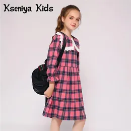 Kız Elbiseler Kseniya Kids Toptan Bahar Sonbahar Kızlar Uzun Kollu Elbise Dantel Yakası Ekose Yumuşak Sıcak Kumaş Parti Okulu için Yün