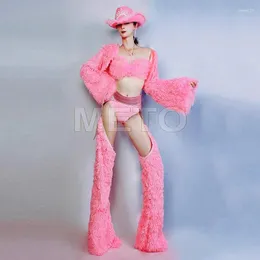 Scenkläder sexig rosa gogo dankläder hatt bikini ihåliga ut byxor dansare kostym jazzkläder party rave outfit 001