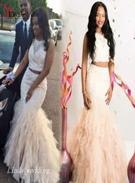 Beautiful Two Pieces Mermaid Prom Dress Cream Fuchsia Ruffle Backless Black Girls Women Wear Special Occasion Dress Evening Party 1540022