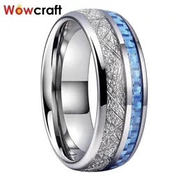 Wolfram -Carbid -Ring für Männer Frauen Hochzeitsband Hellblaues Kohlefaser Meteorit inlay polierter glänzender Komfort 240423