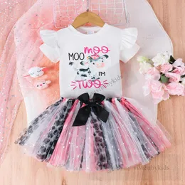 Infant kids princess clothes sets little girls cartoon letter printed falbala fly sleeve T-shirt Bows splicing sequins lace tulle skirt 2pcs baby outfits Z7930