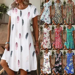 Casual Dresses Summer Women's Round Neck Loose Mini Short Color Print Knee Length Sleeve Dress