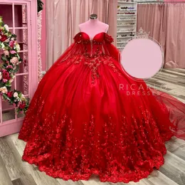 Czerwone sukienki Quinceanera Blosujące luksusowe cekiny aplikacje Koraliki Bow Sweet 16 -letne Vestidos de 15 Anos Birthday Party Suknia