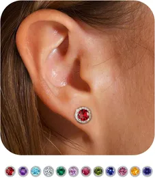 Brincos para mulheres meninas - S925 Sterling Silver Post Round Cut Stud 12 meses Brincos de pedra de nascimento para presentes de aniversário