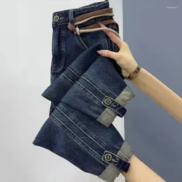 Jeans femminile dritto per donne pieghette chiare in piega alta elastica lunghe primavera e donna autunnale T62