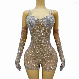 Stage Use Sexy Silver Rhinestones Crystals Golves Leotard Birthday Celebrate Performance Roupet Evening Dance Team Traje Transparent