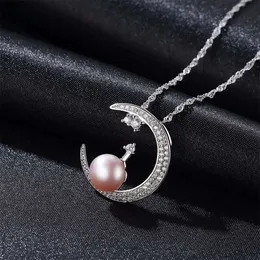 Romantic Micro Set Zircon Moon Freshwater Pearl Pendant Necklace Noble Taste Women Silver Sexy Collar Chain Luxury Jewelry Gift Wholesale