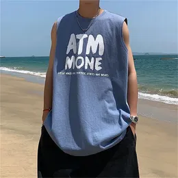 Summer Men Beach Tank Top Letter Print ärmlös skjorta Bomull Undertröja Korea mode Vest Male Casual Holiday Vests Gray 240423