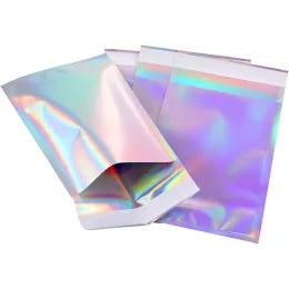 Display 50/25pcs Holographischer Regenbogen Flachfolie Mailing -Umschlag großer Laser -Selbstkleber -Versandtaschen für Kurier -Speichergeschenkpaket