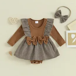 Rompers Autumn Firm Girl Dress Vestido Houndstooth Knit Ruffles de manga comprida Supros de macacões nascidos roupas de bebê com fita de cabeça