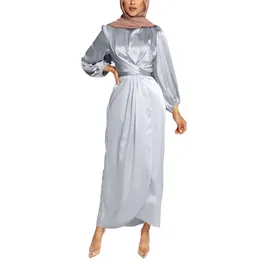 Redefine seu guarda -roupa com vestido muçulmano de cetim feminino Kaftan Party Vestido com mangas de sopro de longa estilo maxi para todas as estações 240415