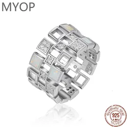 Myop 925 Silver Gift Synthetic Opal Rectangular Ring Artistic Atmosphere Warm Simple Design Sense 240424